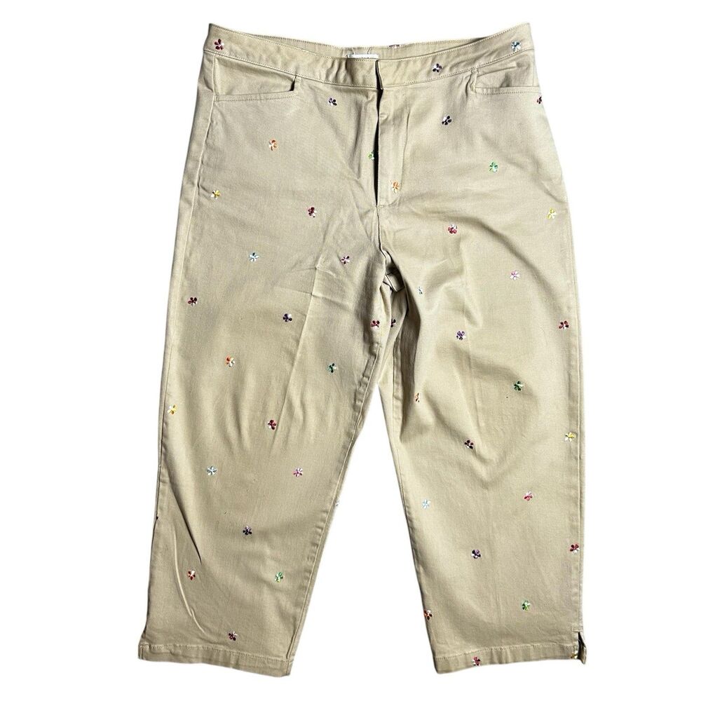 Hannah Women’s Size 14 Embroidered Floral Print Khaki Capris - Picture 1 of 7